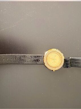 Michael Kors Black Croc-Embossed Leather Watch with Gold Crystal Bezel